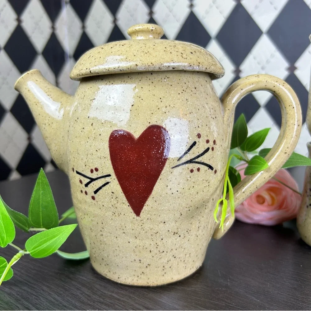 Studio Pottery Tea Set Stoneware Teapot and Four Mugs Heart Star Motif Primitive